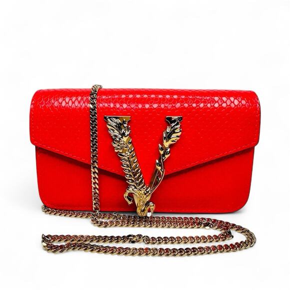 NWT Versace Virtus Gold Engraved Coral Red Leather Mini Evening Crossbody Bag - Picture 2 of 11